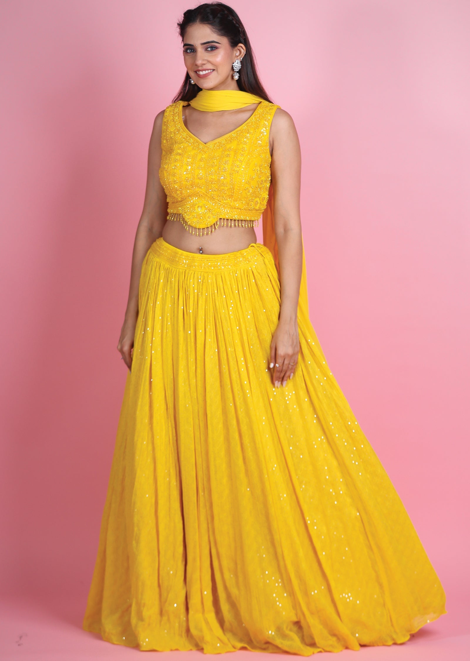 Yellow Silk Georgette Lehenga Set