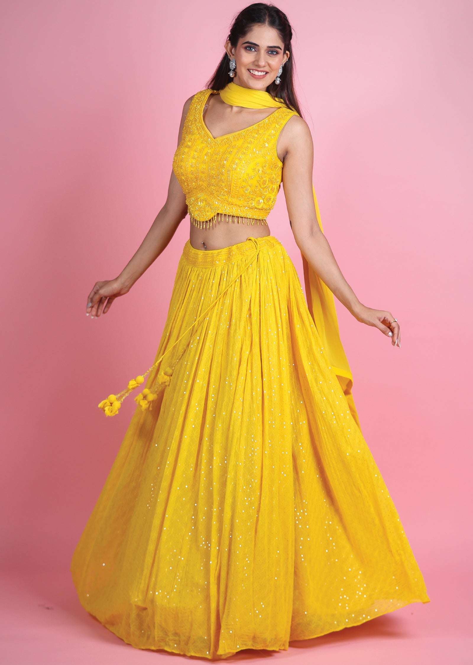Yellow Silk Georgette Lehenga Set