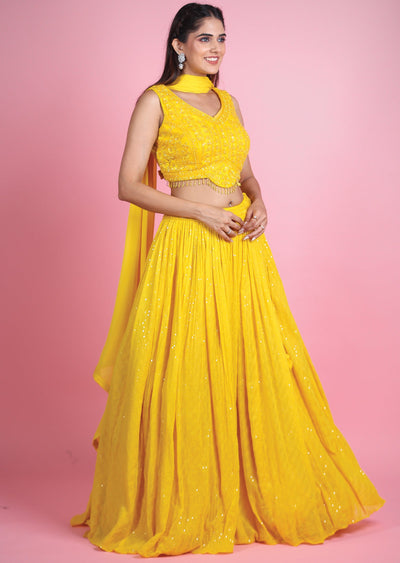 Yellow Silk Georgette Lehenga Set