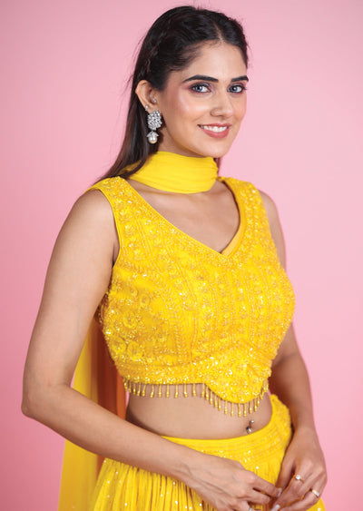 Yellow Silk Georgette Lehenga Set