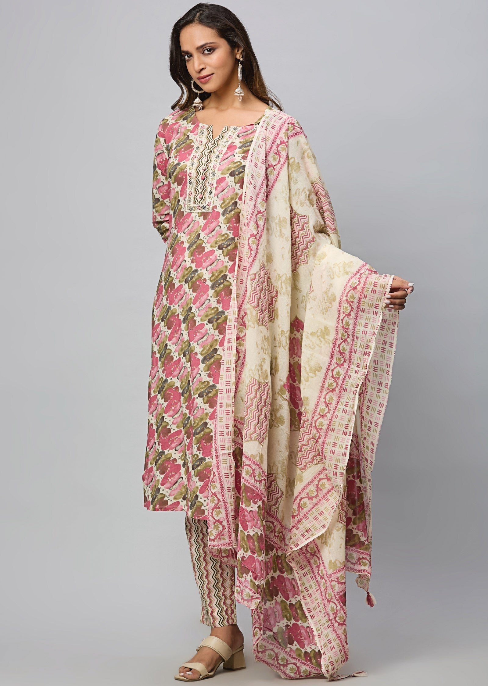 Beige & Multi Color Cotton Straight Cut Suit