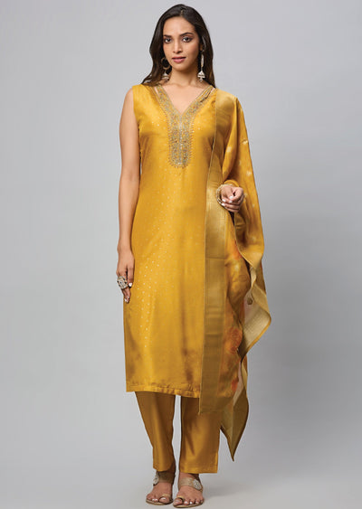 Mustard Banaras Straight Cut Suit