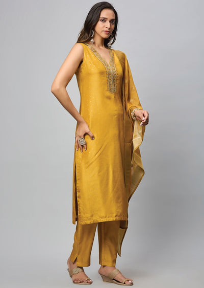 Mustard Banaras Straight Cut Suit