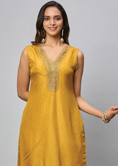 Mustard Banaras Straight Cut Suit