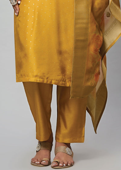 Mustard Banaras Straight Cut Suit