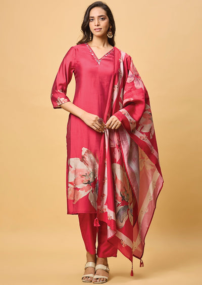 Maroon Banaras Tussar Silk Straight Cut Suit