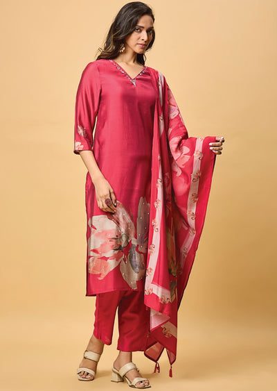 Maroon Banaras Tussar Silk Straight Cut Suit