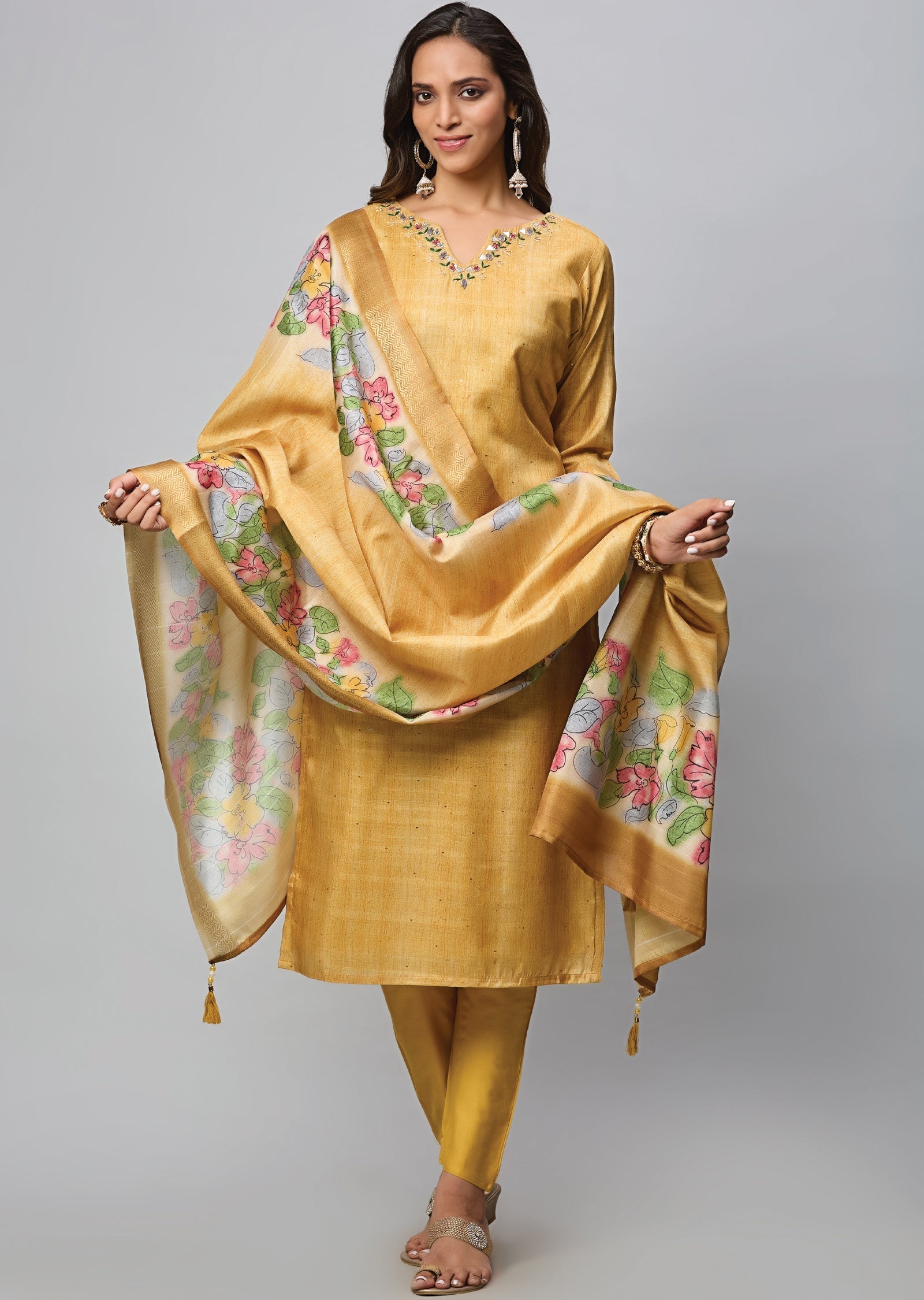 Mustard Tussar Silk Straight Cut Suit