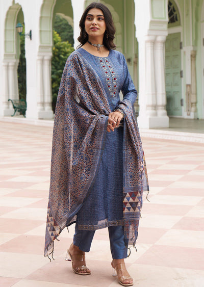 Greyish Blue Tussar Silk Straight Cut Suit