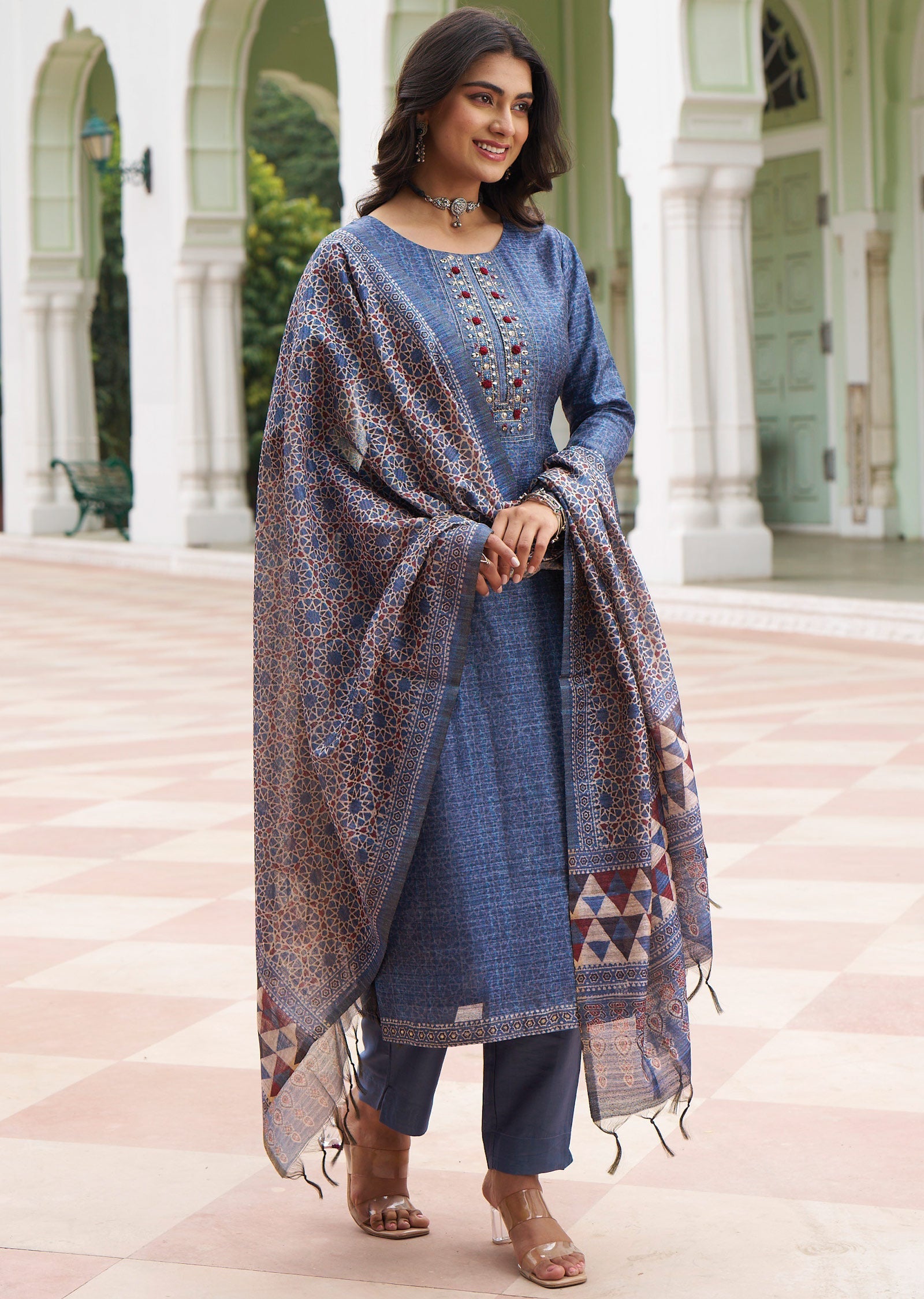 Greyish Blue Tussar Silk Straight Cut Suit
