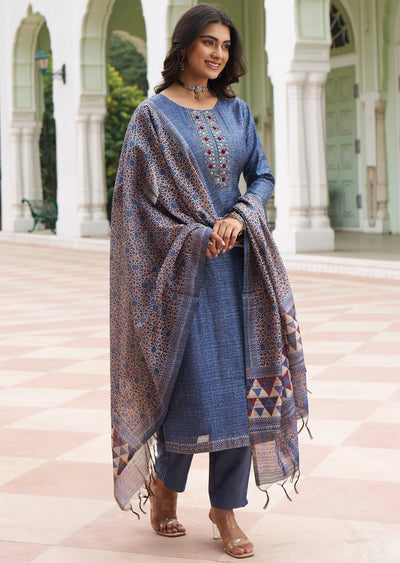 Greyish Blue Tussar Silk Straight Cut Suit