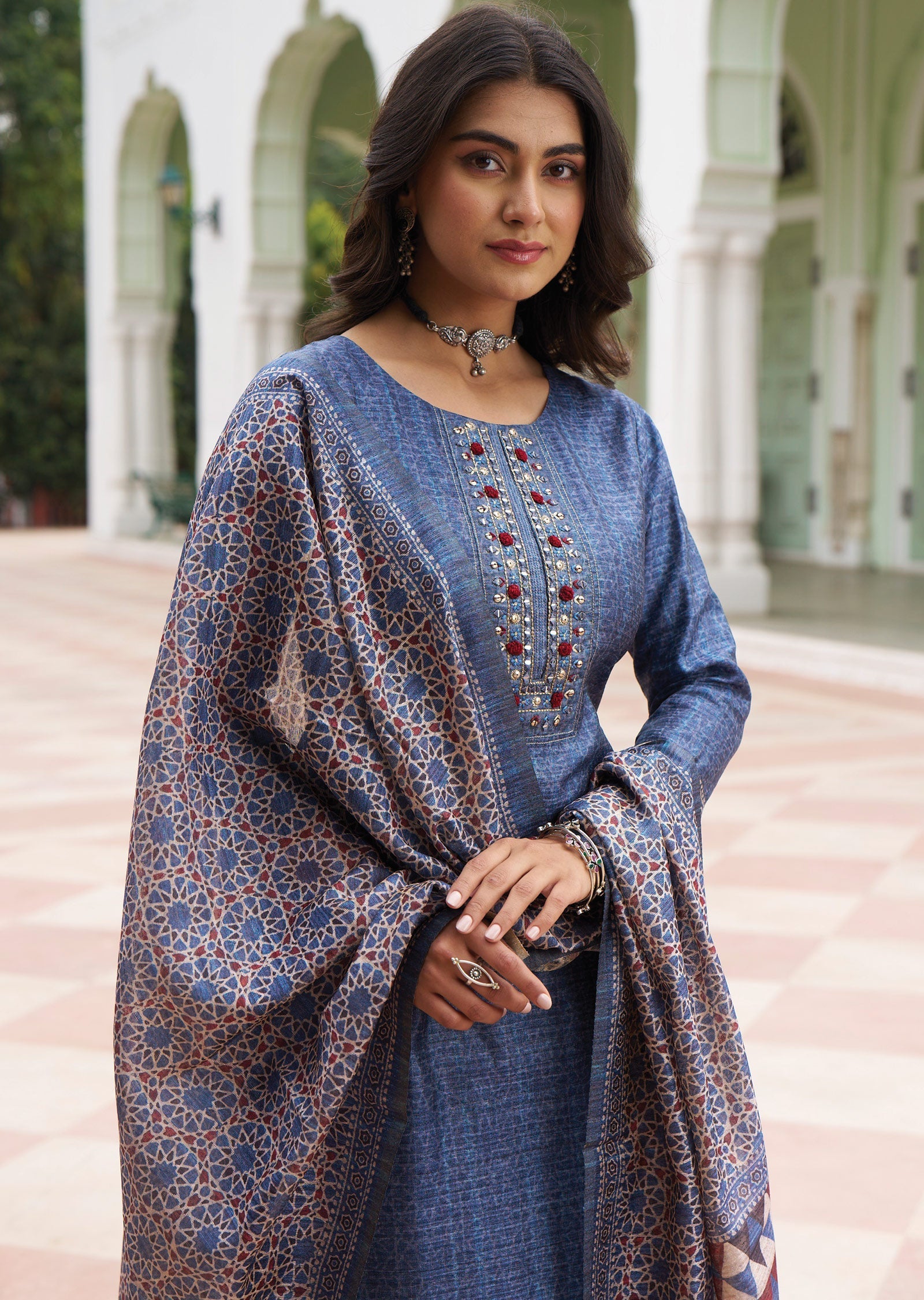 Greyish Blue Tussar Silk Straight Cut Suit
