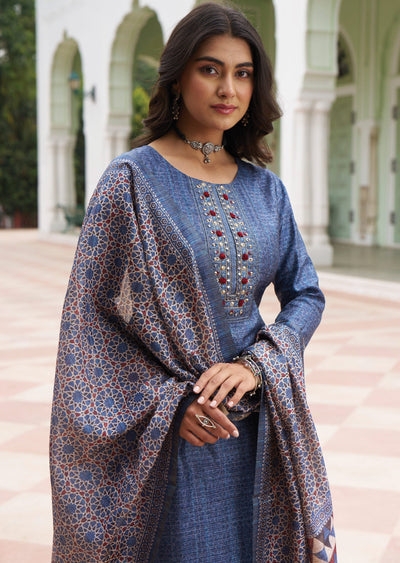 Greyish Blue Tussar Silk Straight Cut Suit
