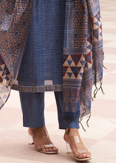 Greyish Blue Tussar Silk Straight Cut Suit