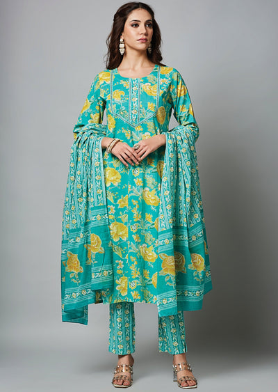 Sea Green Cotton Straight Cut Suit