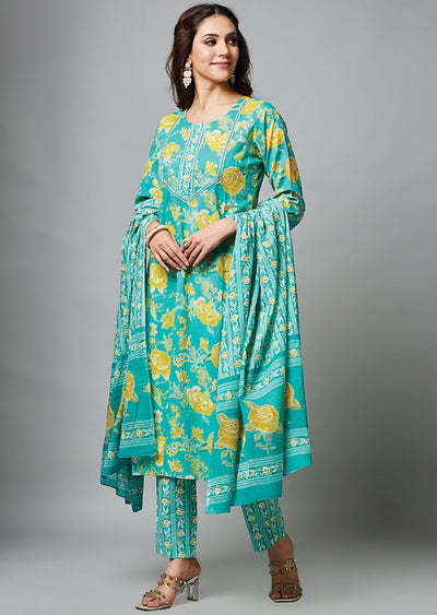 Sea Green Cotton Straight Cut Suit