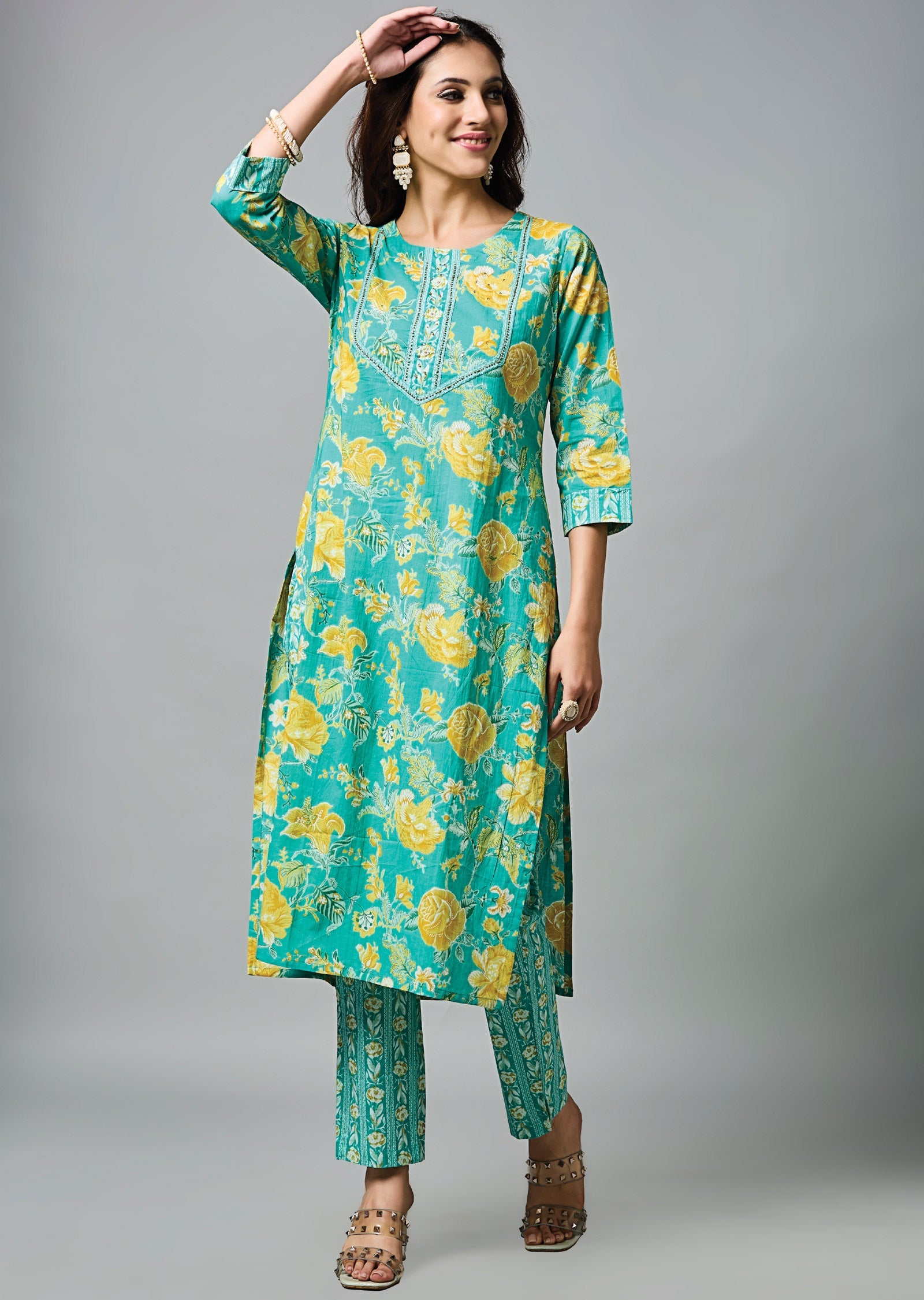 Sea Green Cotton Straight Cut Suit