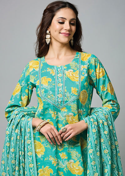 Sea Green Cotton Straight Cut Suit