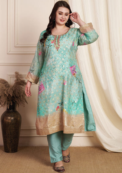 Sea Green Banaras Dola Silk Straight Cut Suit