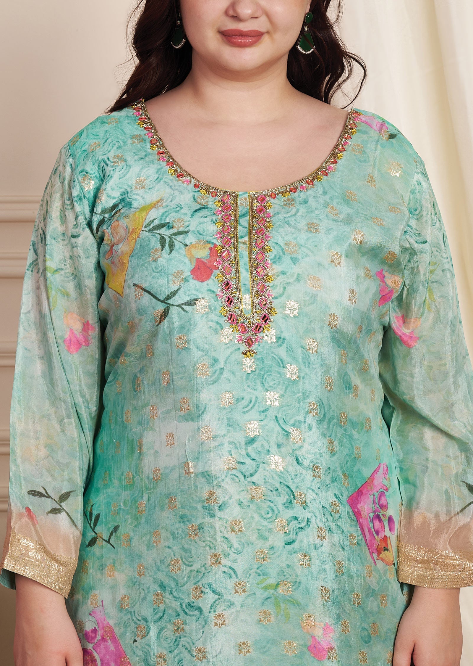 Sea Green Banaras Dola Silk Straight Cut Suit