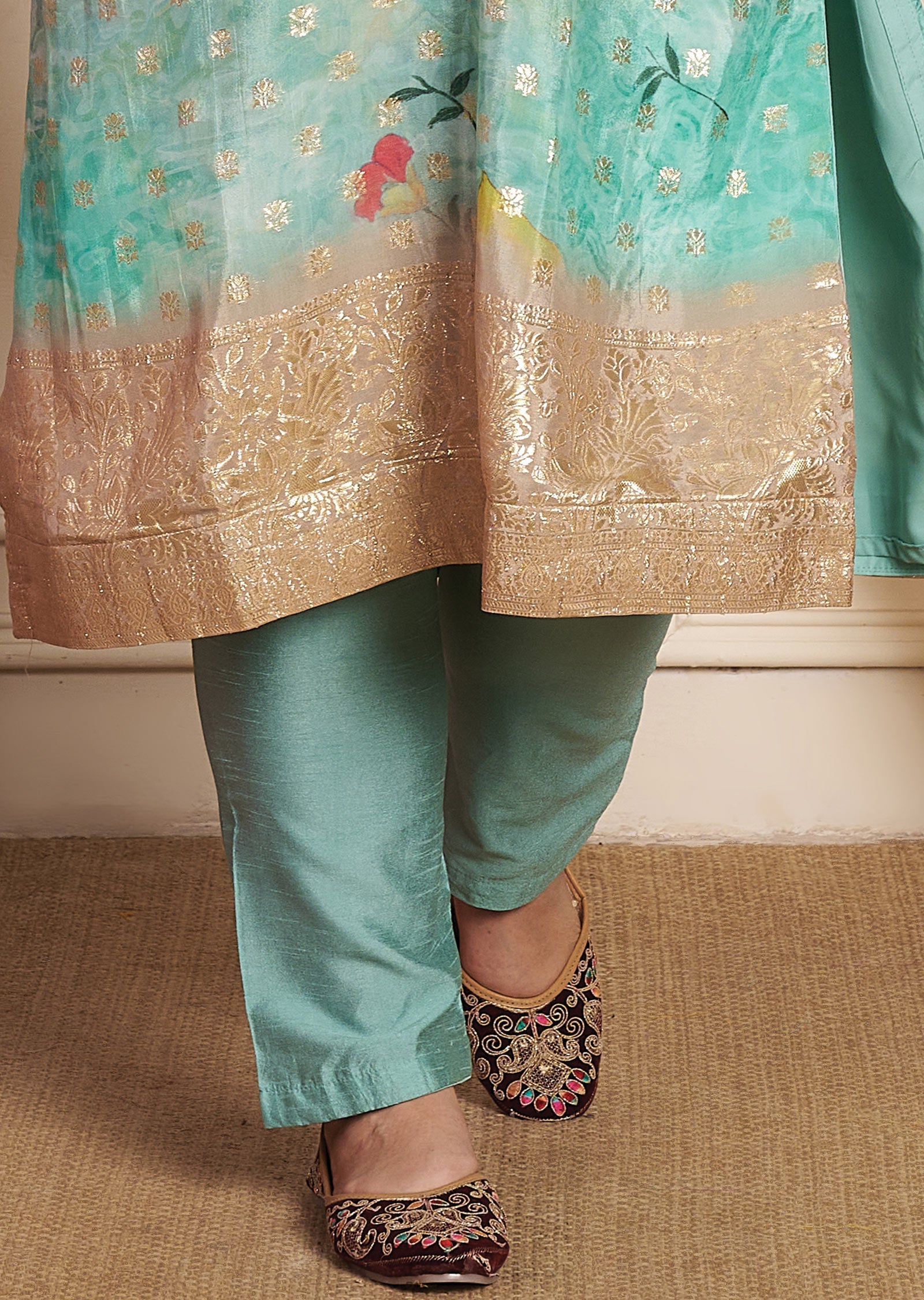 Sea Green Banaras Dola Silk Straight Cut Suit