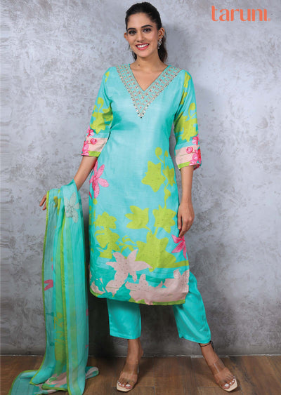 Sea Green Modal Printed Straight cut suits