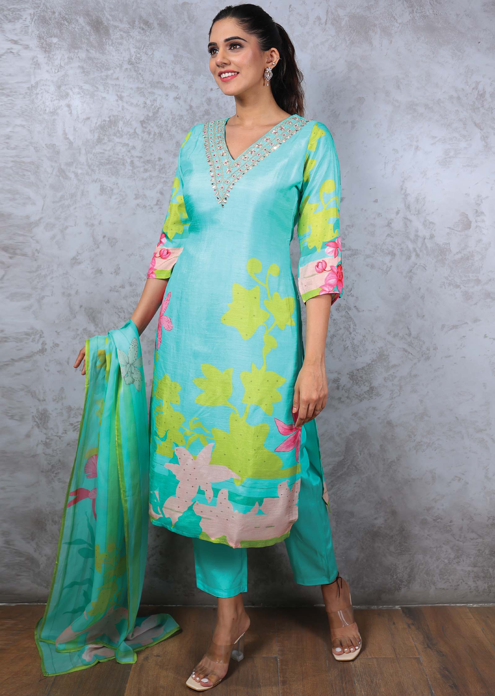 Sea Green Modal Printed Straight cut suits