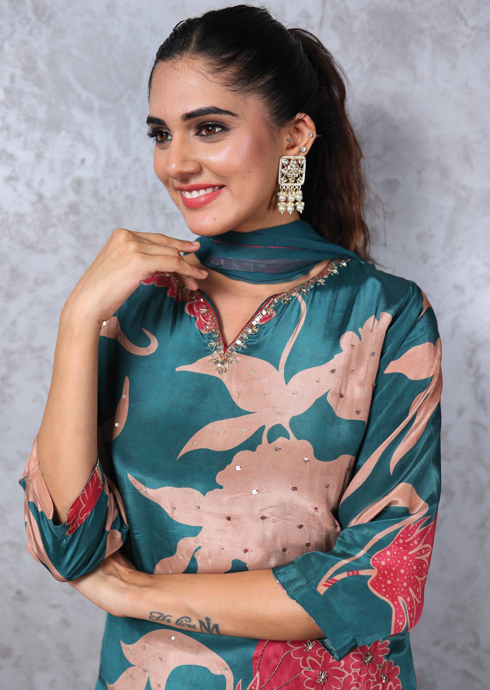 Green Crepe Embroidered Straight cut suits