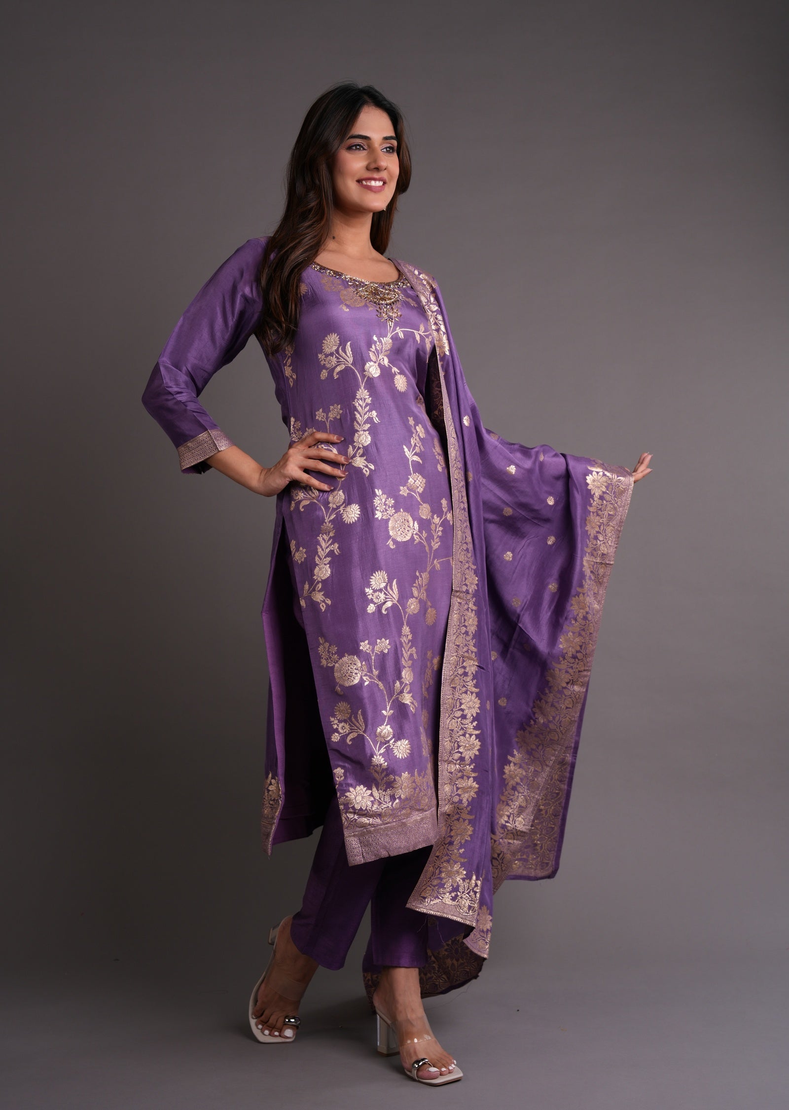 Dark Mouve Banaras Straight cut suits