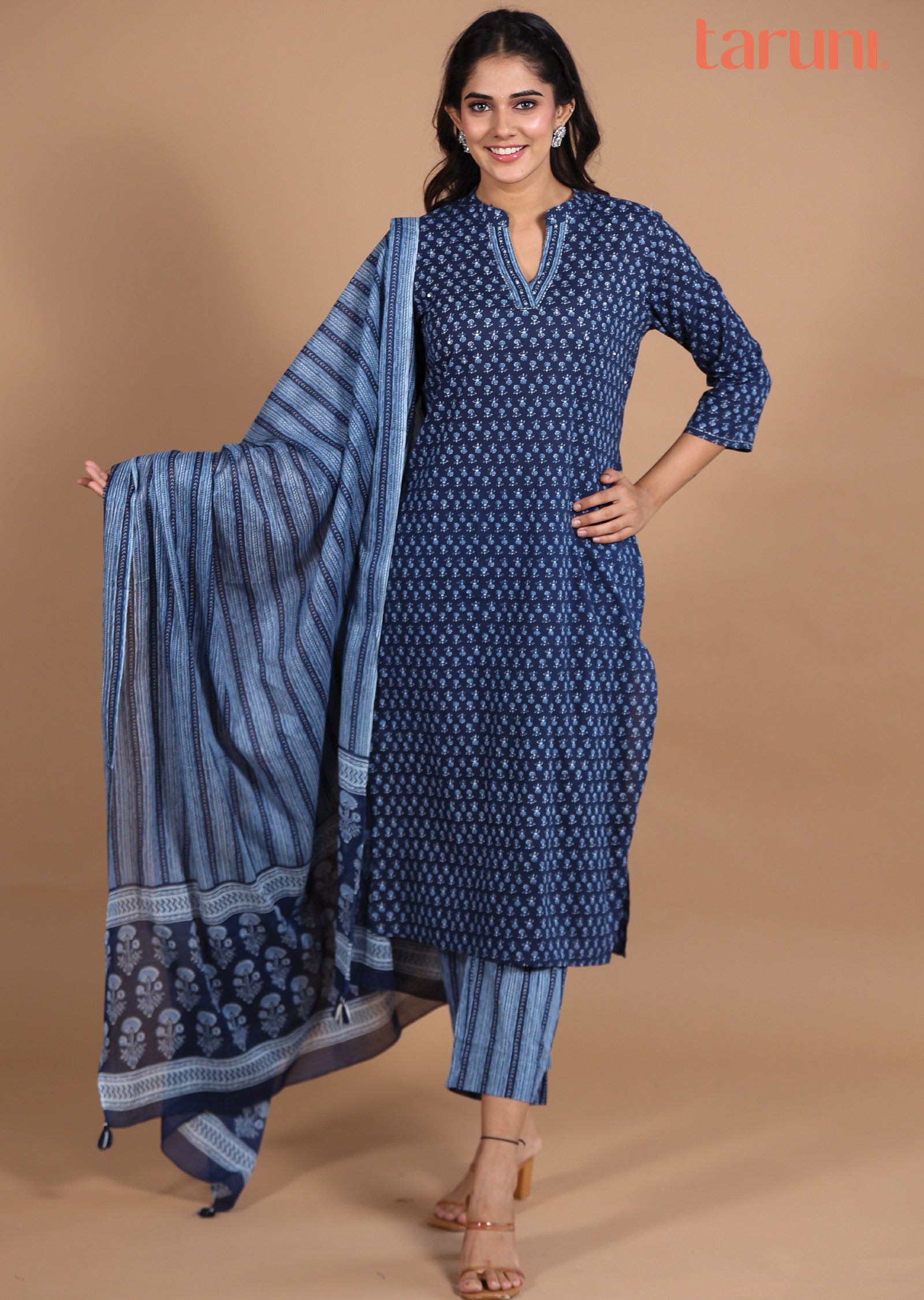 Indigo Blue Cotton Straight cut suits