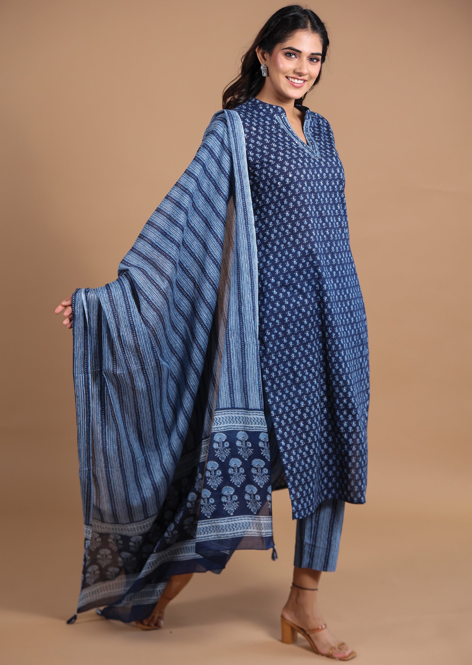 Indigo Blue Cotton Straight cut suits