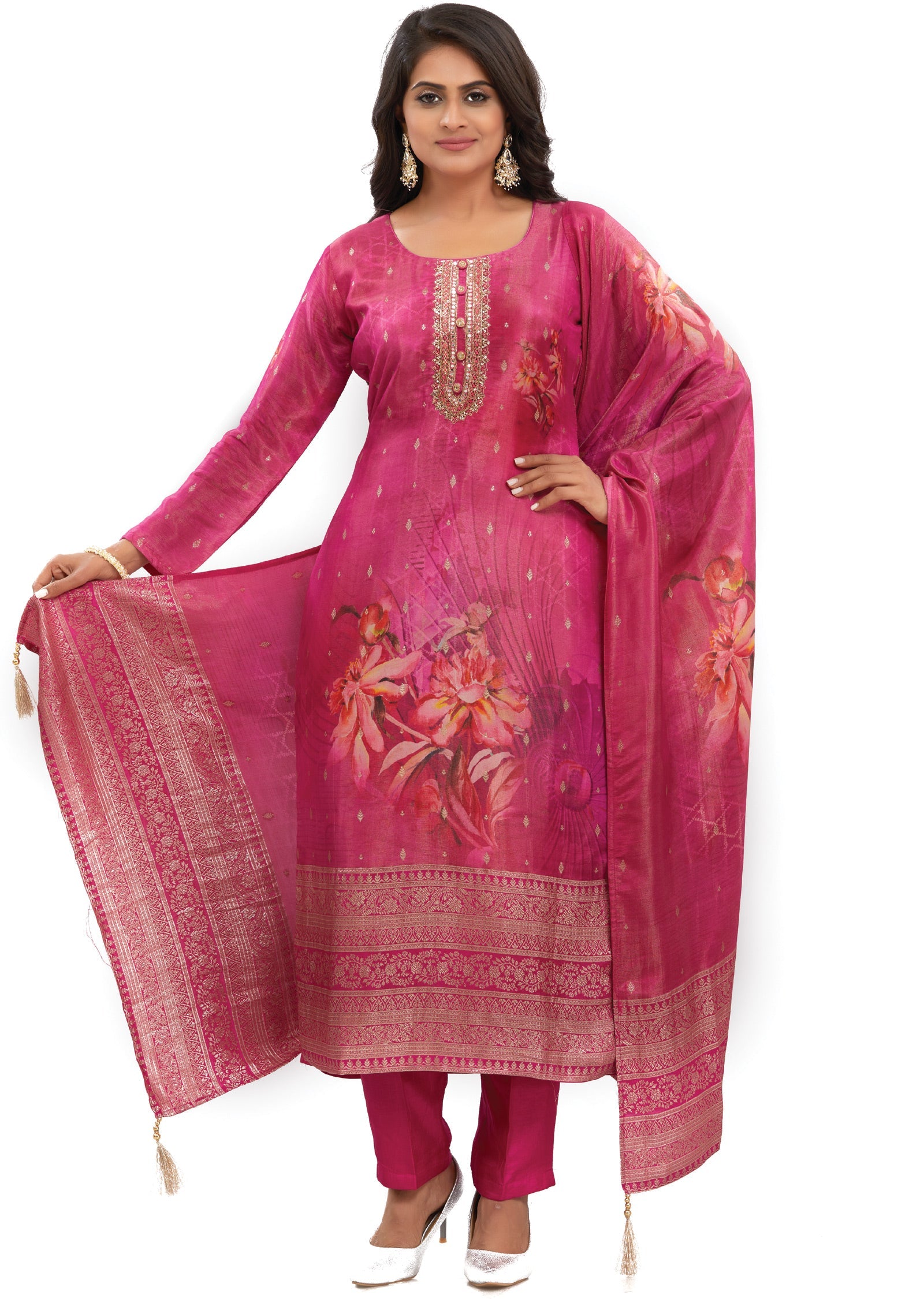 Rani Pink Banaras Tissue Kurti with Zardosi Work