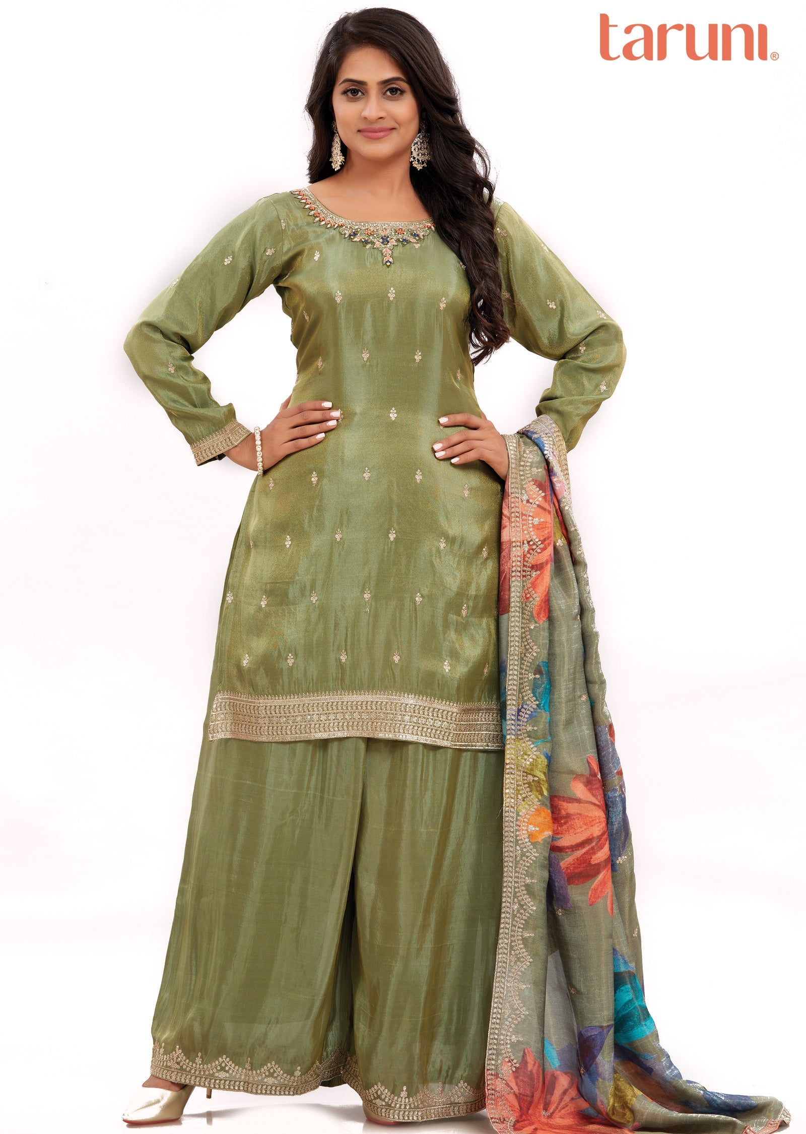 Mehndi Green Tissue Silk Kurti with Zardosi & Stone Work