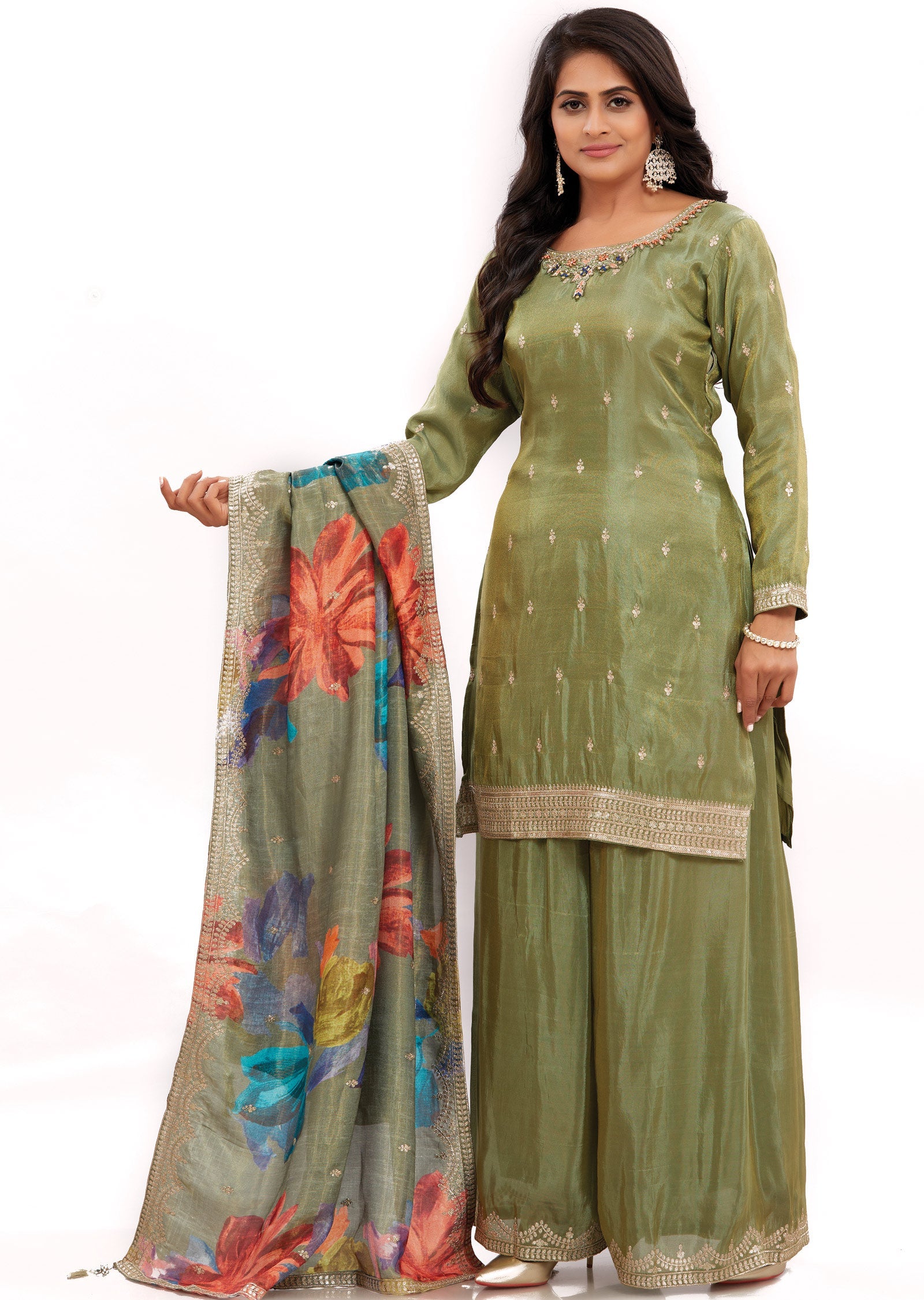 Mehndi Green Tissue Silk Kurti with Zardosi & Stone Work