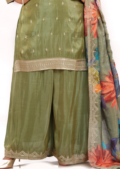 Mehndi Green Tissue Silk Kurti with Zardosi & Stone Work