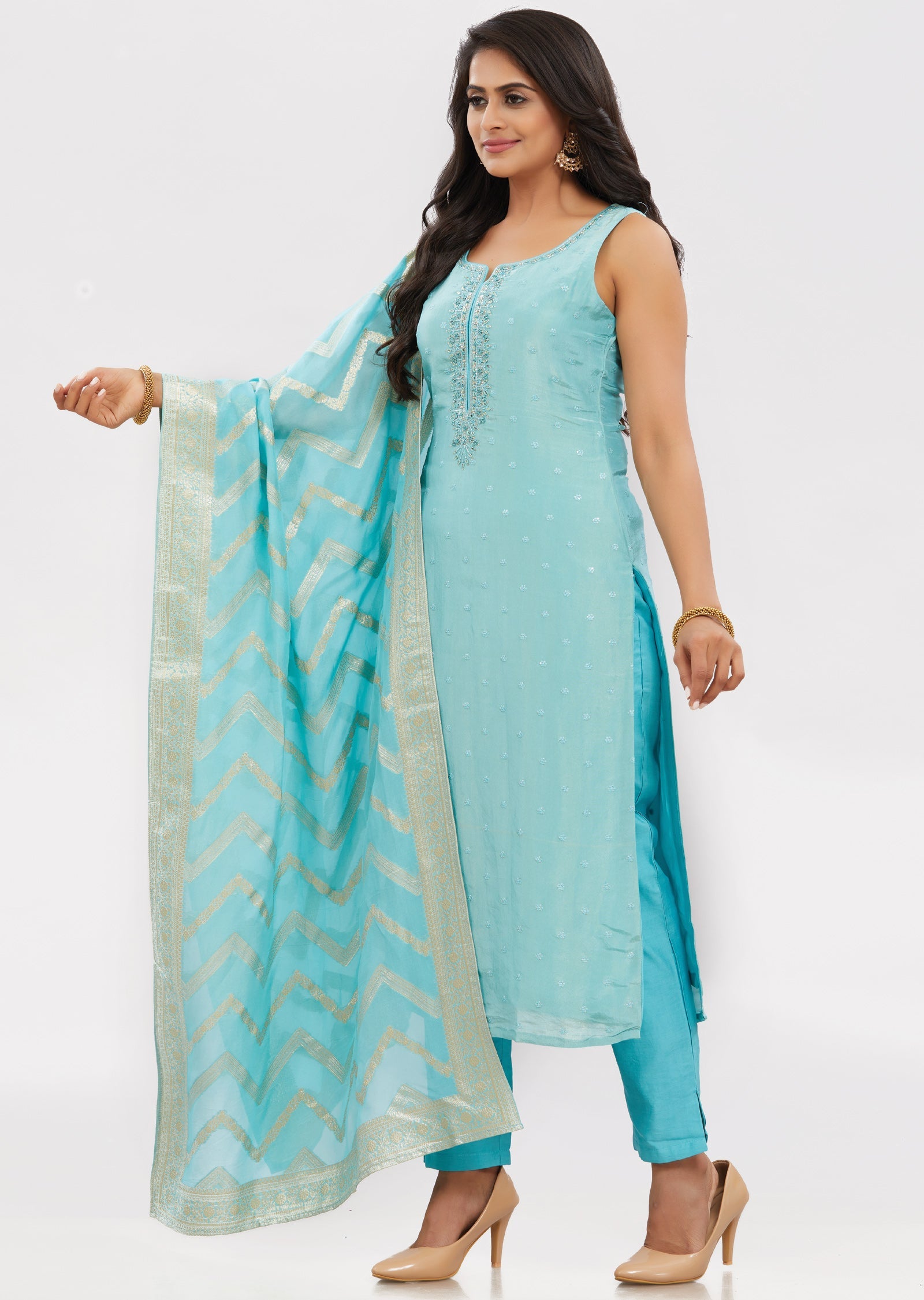 Light Blue Tissue Silk Kurti with Mirror & Sequence Work