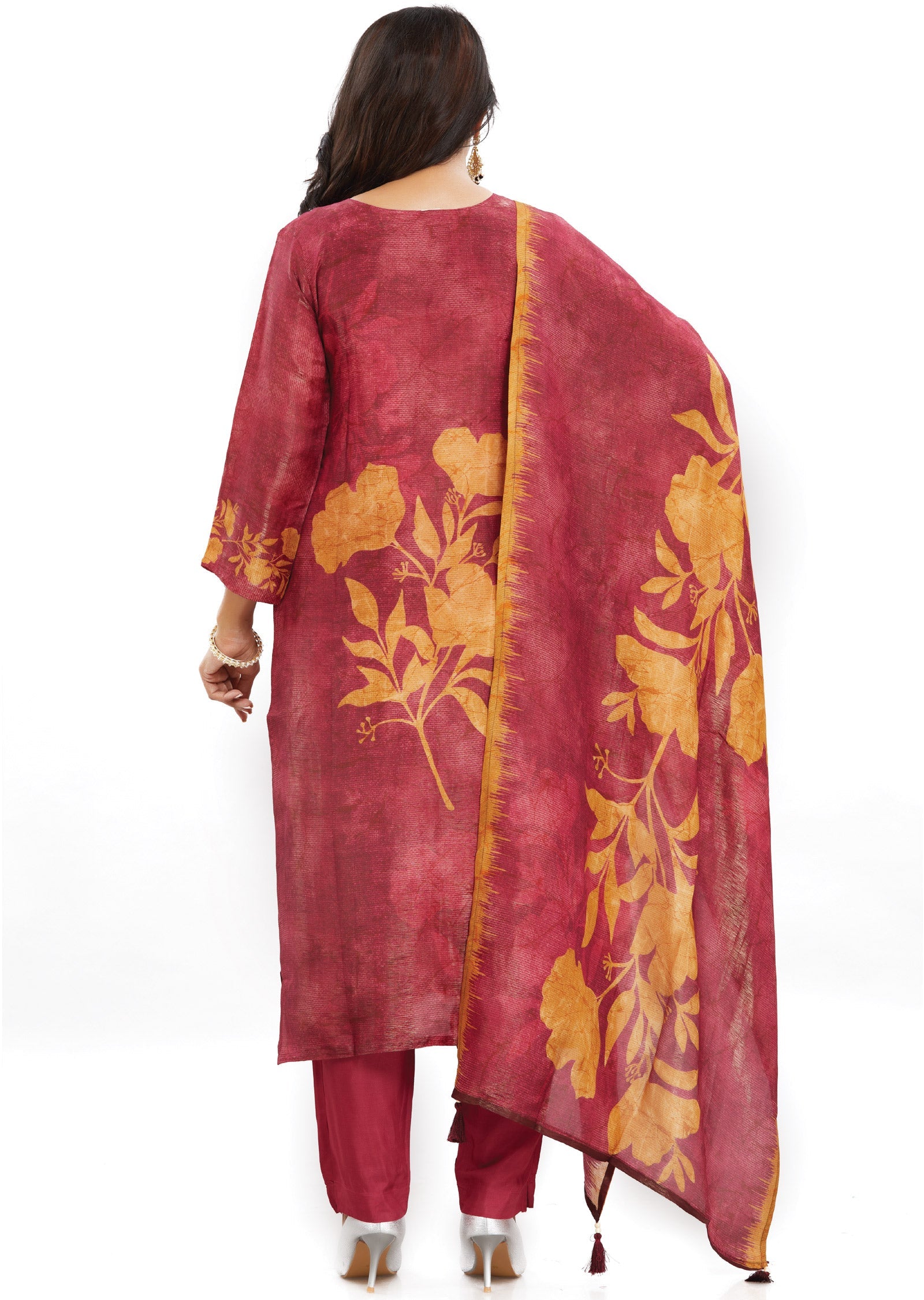 Maroon Tissue Silk Kurti with Zari & Digital Dupatta