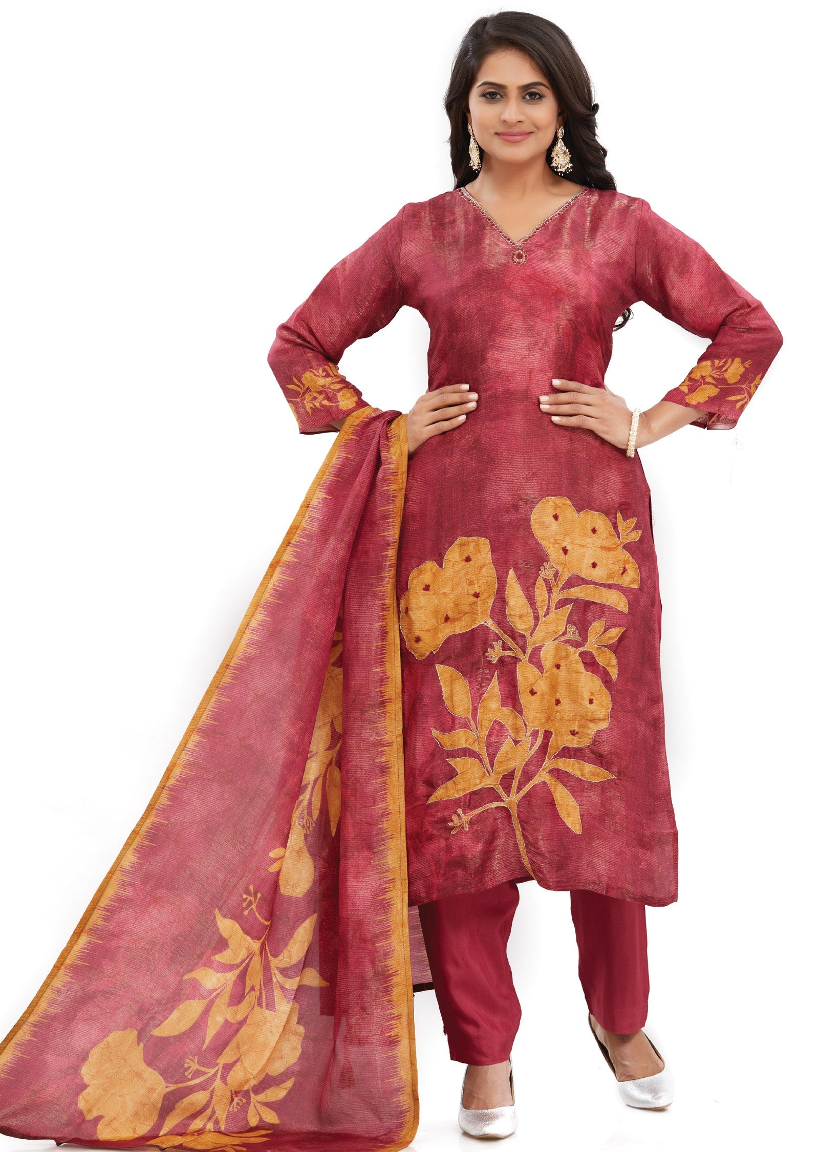 Maroon Tissue Silk Kurti with Zari & Digital Dupatta