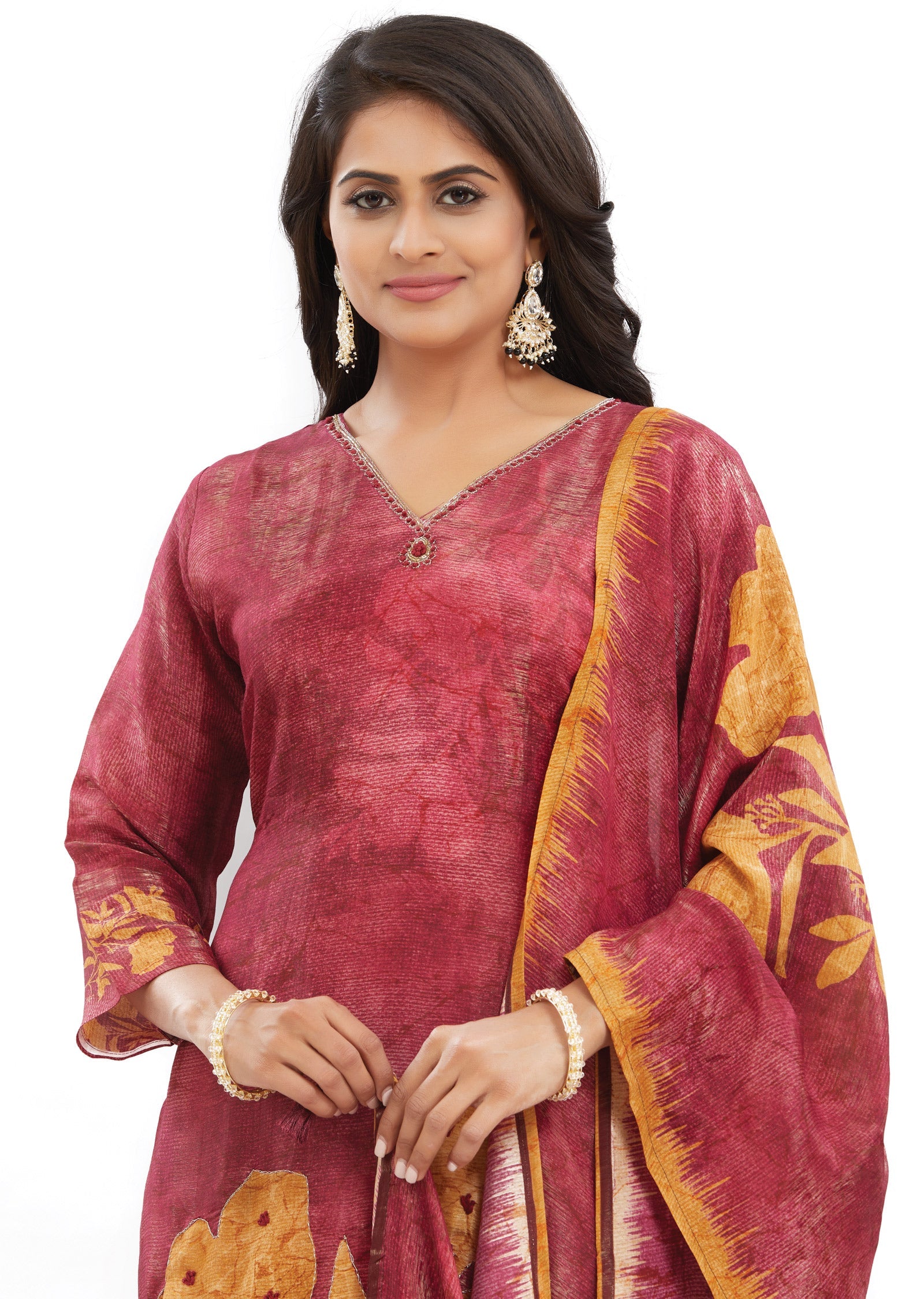 Maroon Tissue Silk Kurti with Zari & Digital Dupatta