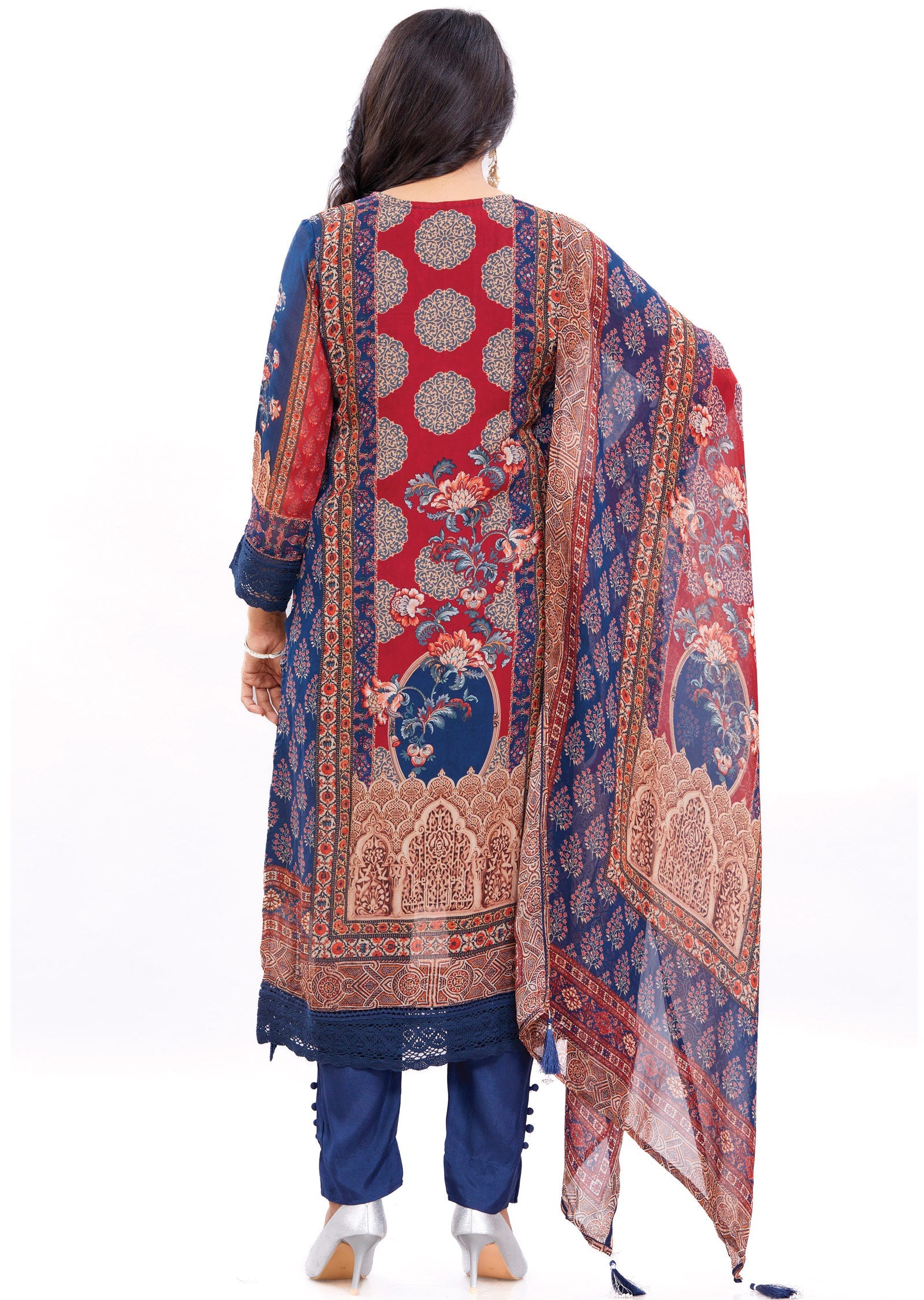 Navy Blue & Maroon Organza Kurti with Matching Dupatta