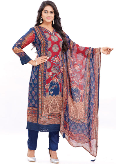 Navy Blue & Maroon Organza Kurti with Matching Dupatta