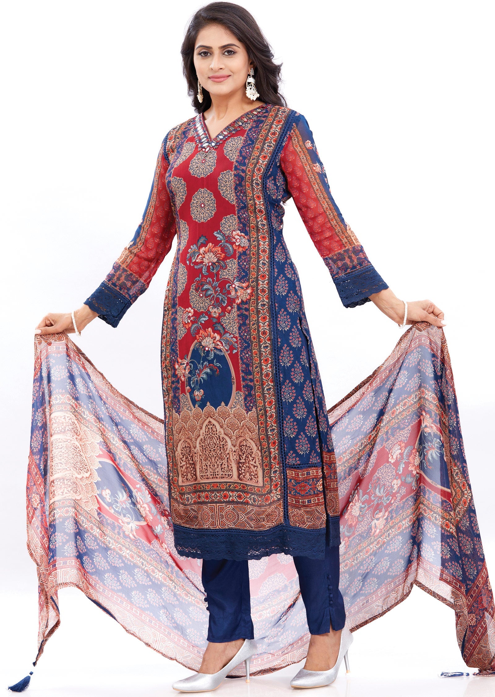Navy Blue & Maroon Organza Kurti with Matching Dupatta