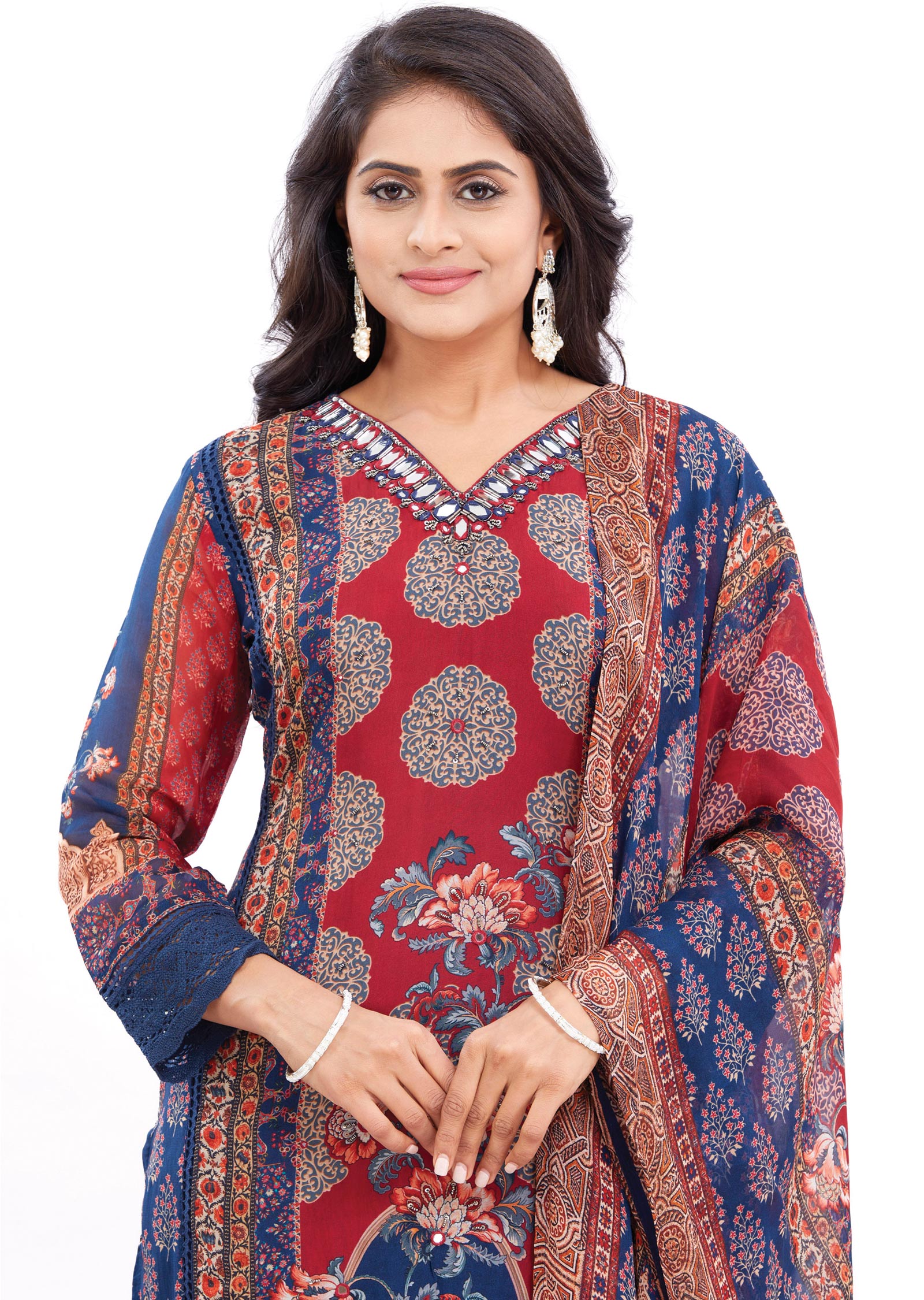 Navy Blue & Maroon Organza Kurti with Matching Dupatta