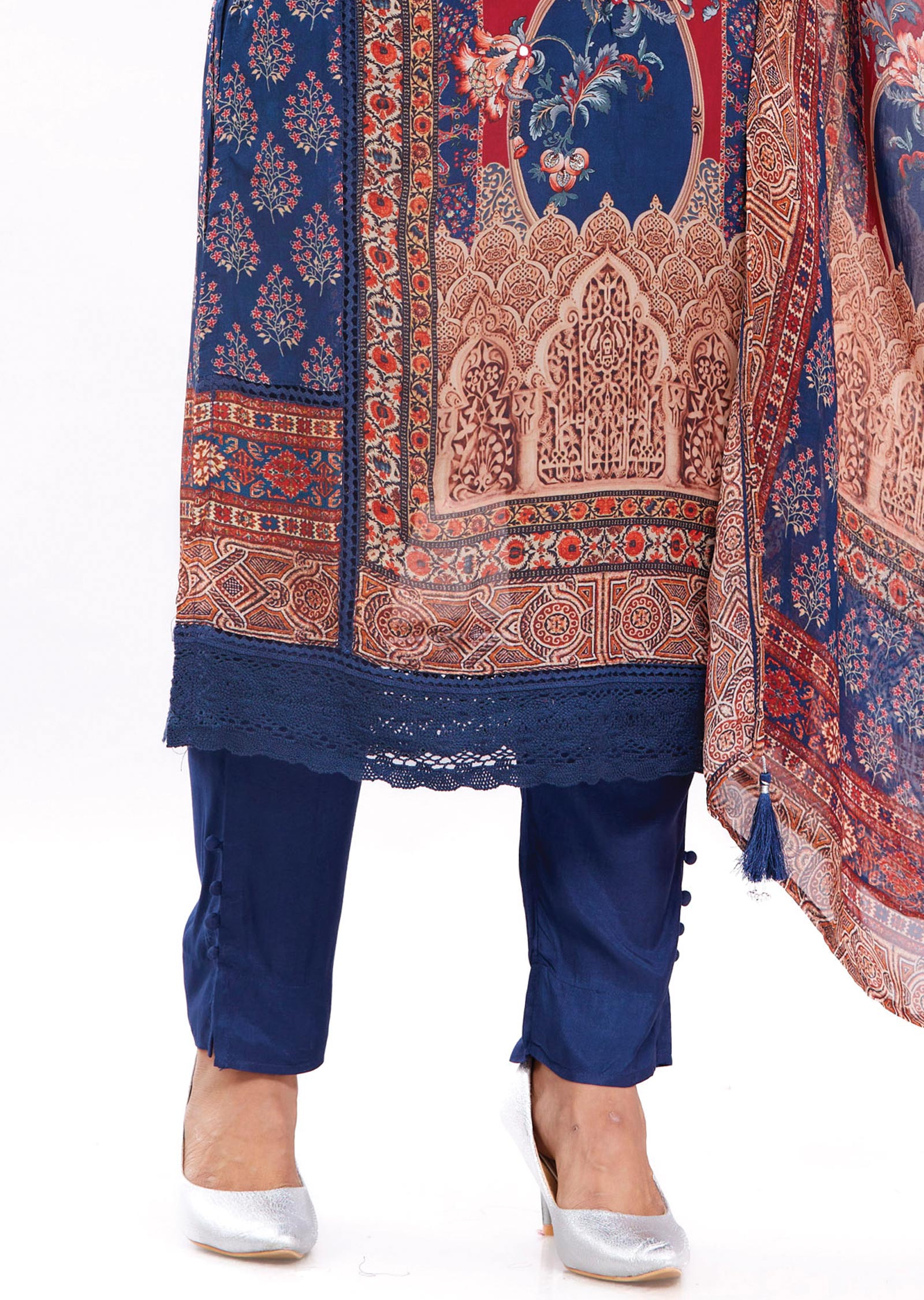 Navy Blue & Maroon Organza Kurti with Matching Dupatta