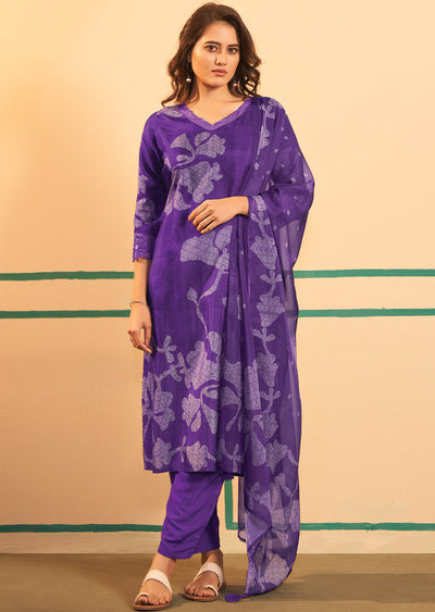 Purple Silk Straight cut suits