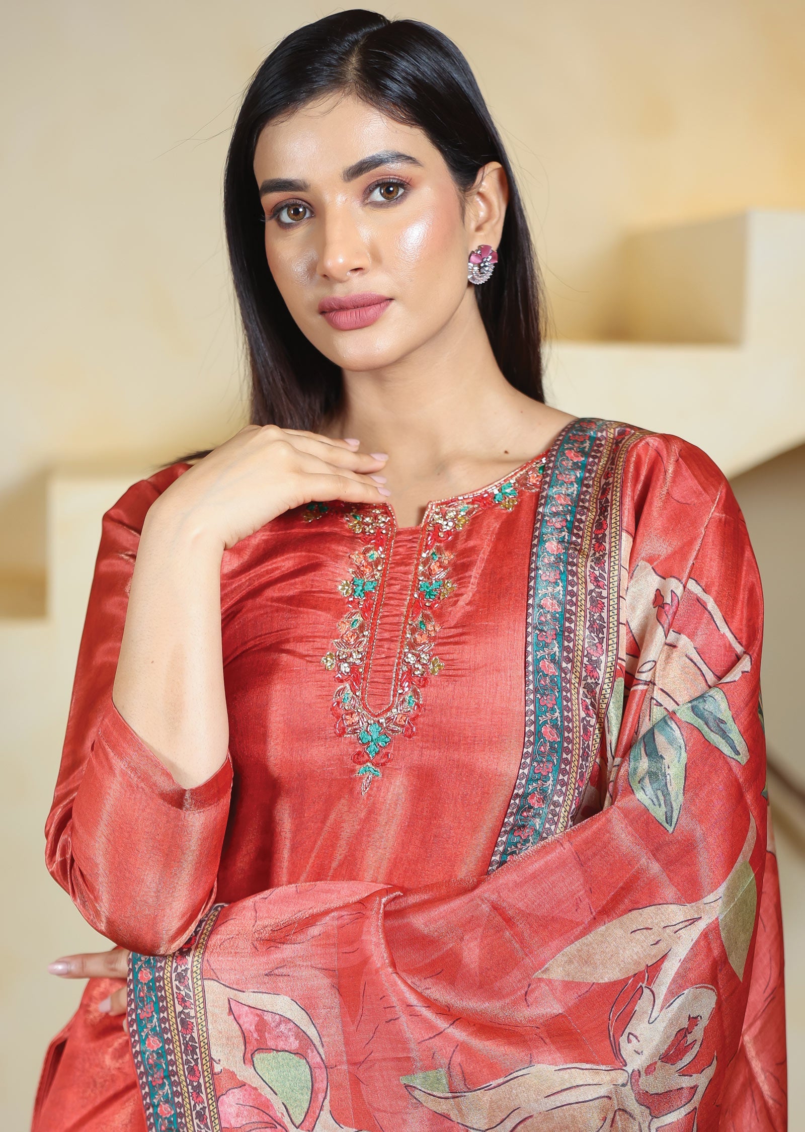 Rust Tissue Silk Straight Cut Suits