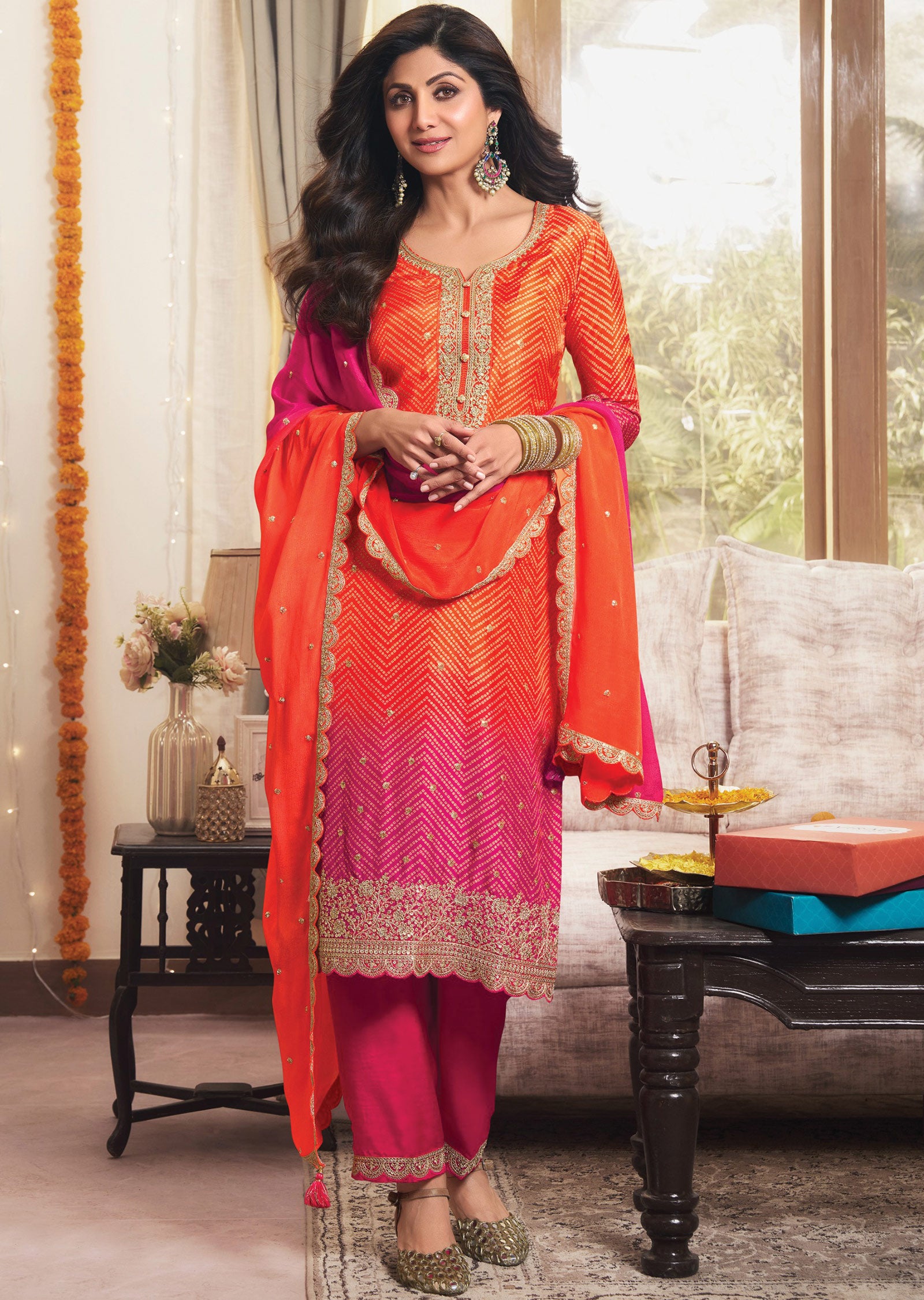 Orange & Rani Pink Silk Straight Cut Suit