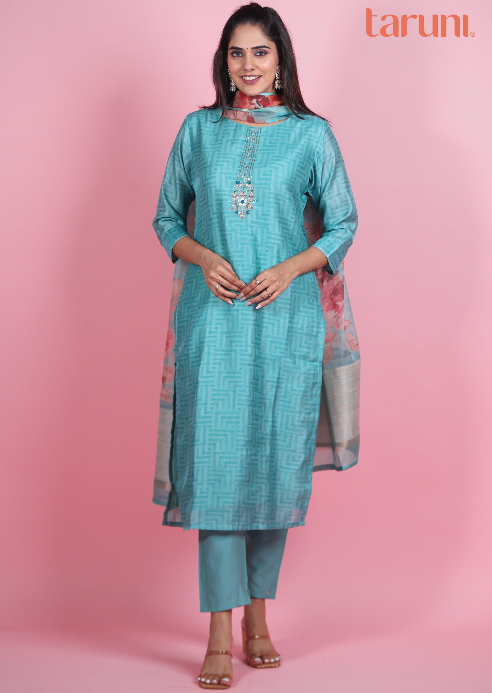 Blue Chanderi Straight Cut Suits