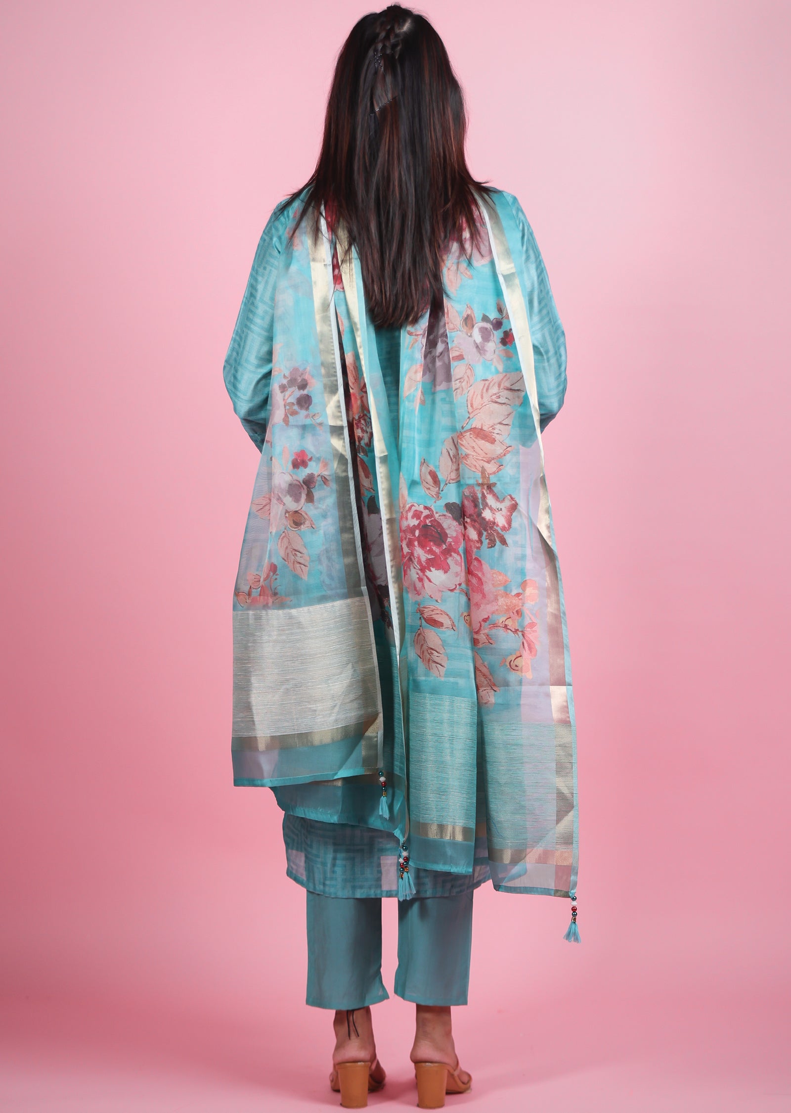 Blue Chanderi Straight Cut Suits