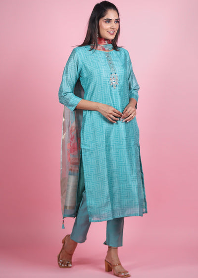 Blue Chanderi Straight Cut Suits